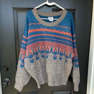 Beautiful, orange, gray and blue Aztec sweater, sick and cozy and soft